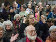 Don Orange supporters cheer after hearing an announcement that Orange was leading the race for a seat on the Vancouver Port District Commission, Tuesday November 7, 2017, at Vancouver Firefighters Local 452 in Fruit Valley.