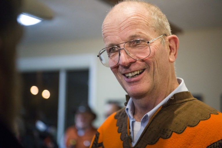 Don Orange receives congratulations from supporters at Vancouver Firefighters Local 452 in Fruit Valley, Tuesday November 7, 2017, after taking the lead for a seat on the Vancouver Port District Commission.