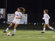 Columbia Riverís Katie Colson (12) receives the ball during the first round of the 2A girls soccer state playoffs against Clarkston at Kiggins Bowl in Vancouver, Wednesday November 8, 2017.