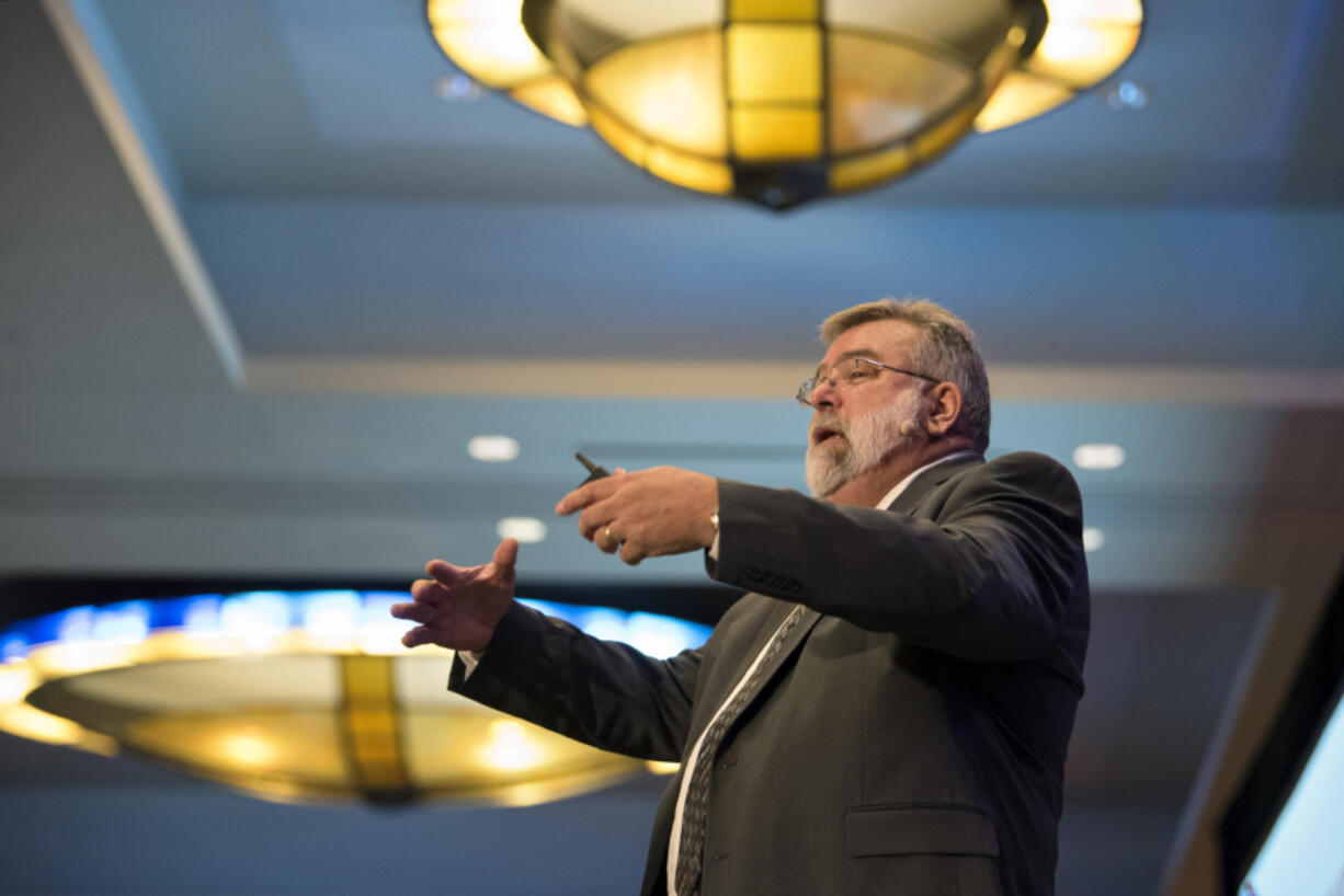 Keynote speaker Larry Whittlesey with the US Mission Network orates during the annual Clark County Prayer Breakfast. Whittlesey encouraged those in attendance to work for the betterment of their communities.