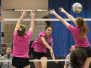 Clark College middle hitter Olivia White, a Skyview High grad, runs through drills during practice Monday at O’Connell Sports Center. The Penguins are preparing for the NWAC Championship tournament that begins Thursday at Tacoma.