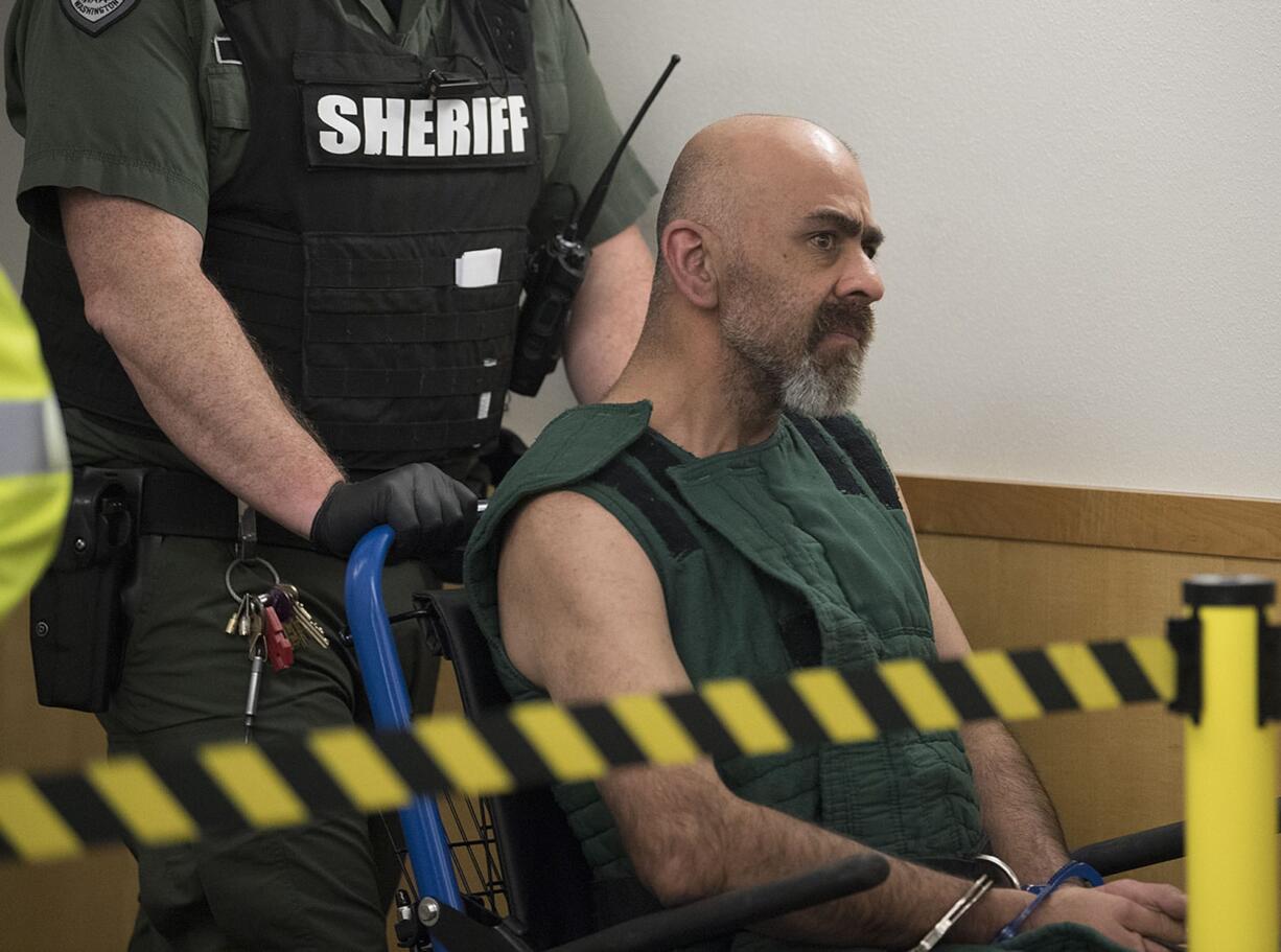 James Froehlich, 48, makes a first appearance Wednesday morning, Nov. 29, 2017, in Clark County Superior Court in connection with an alleged shooting and police standoff Tuesday northeast of Hazel Dell.