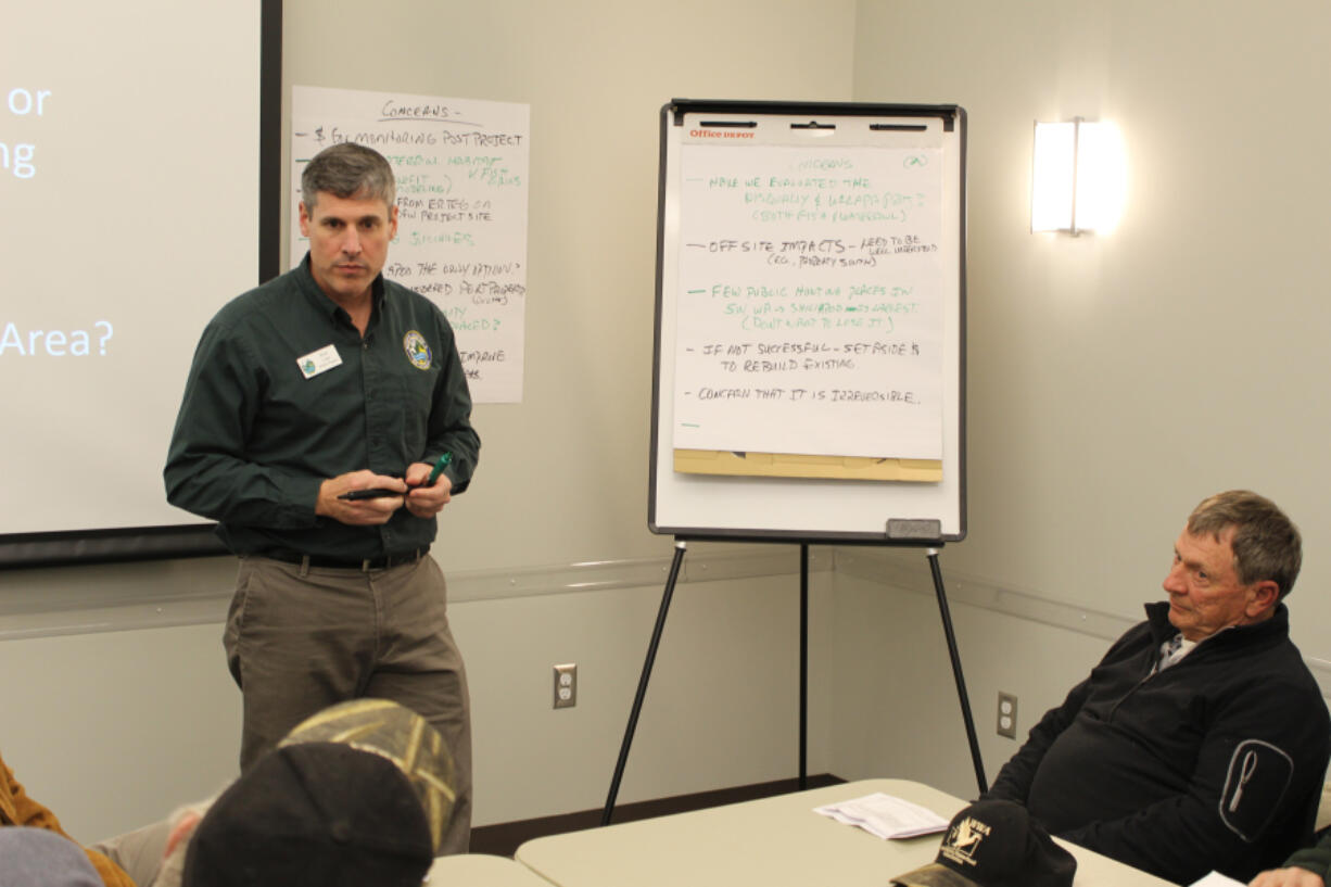 Mick Cope, a game manager for the WDFW, takes comments from members of the public during a meeting at the Region 5 headquarters in Ridgefield, WA. The comments were about the proposed South Unit and Buckmeyer Slough Project at the Shillapoo Wildlife Area near Vancouver.