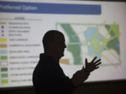 Designer Bryan Cole talks about plans for Clark College’s new north county location at Boschma Farms during a presentation in December in Ridgefield.