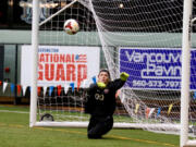 Goalkeeper Liz Canton makes a save in goal for Columbia River during the Chieftain’s penalty kick win over Bellingham on Saturday.