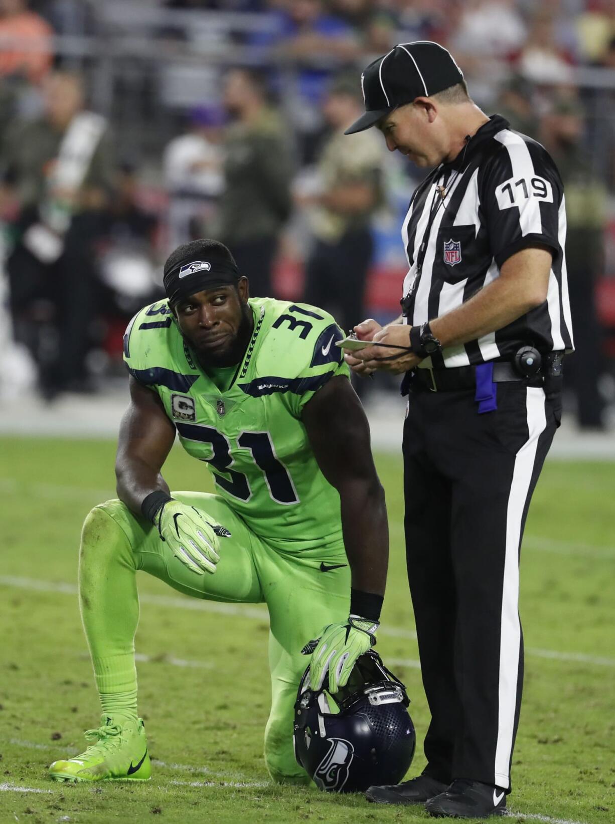 Seattle Seahawks strong safety Kam Chancellor (31) during an NFL football game against the Arizona Cardinals, Thursday, Nov. 9, 2017, in Glendale, Ariz.