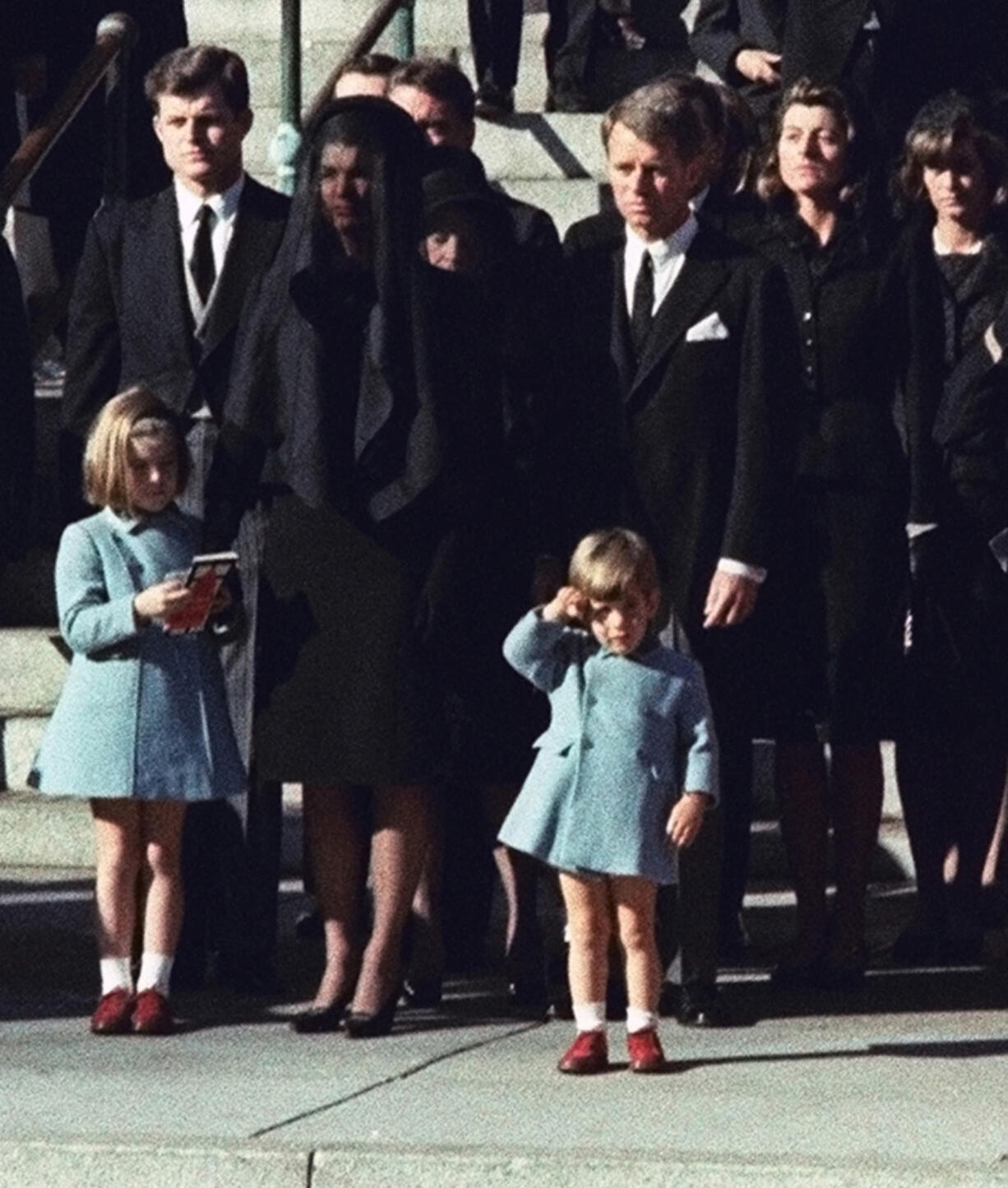 John F. Kennedy Jr., 3, salutes his father’s casket Nov. 25, 1963 in Washington, three days after the president was assassinated in Dallas. Widow Jacqueline Kennedy, center, and daughter Caroline Kennedy are accompanied by the late president’s brothers Sen. Edward Kennedy, left, and Attorney General Robert Kennedy.