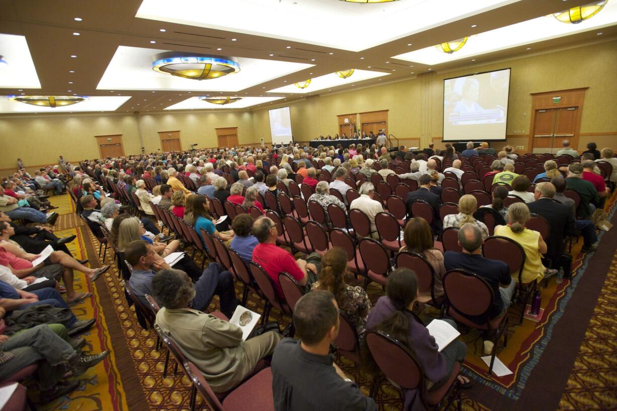 The Vancouver City Council hears public testimony June 2, 2014, on a resolution to oppose the Tesoro-Savage oil terminal during a meeting at the Hilton Vancouver Washington. After a seven-hour meeting went past midnight, the council voted 5-2 to oppose the project.