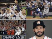 Clockwise from top left are 2017 file photos showing: Houston Astros' Jose Altuve lifted by teammates after Game 7 of baseball's American League Championship Series against the New York Yankees in Houston;  Astros' Jose Altuve hitting a home run against the Los Angeles Dodgers during the 10th inning of Game 2 of baseball's World Series in Los Angeles; Jose Altuve in 2017; and Astros' Jose Altuve reacting after scoring the game-winning run during the ninth inning of Game 2 of baseball's ALCS against the New York Yankees, in Houston. Houston dynamo Jose Altuve won the AL MVP on Thursday, Nov. 16, 2017.