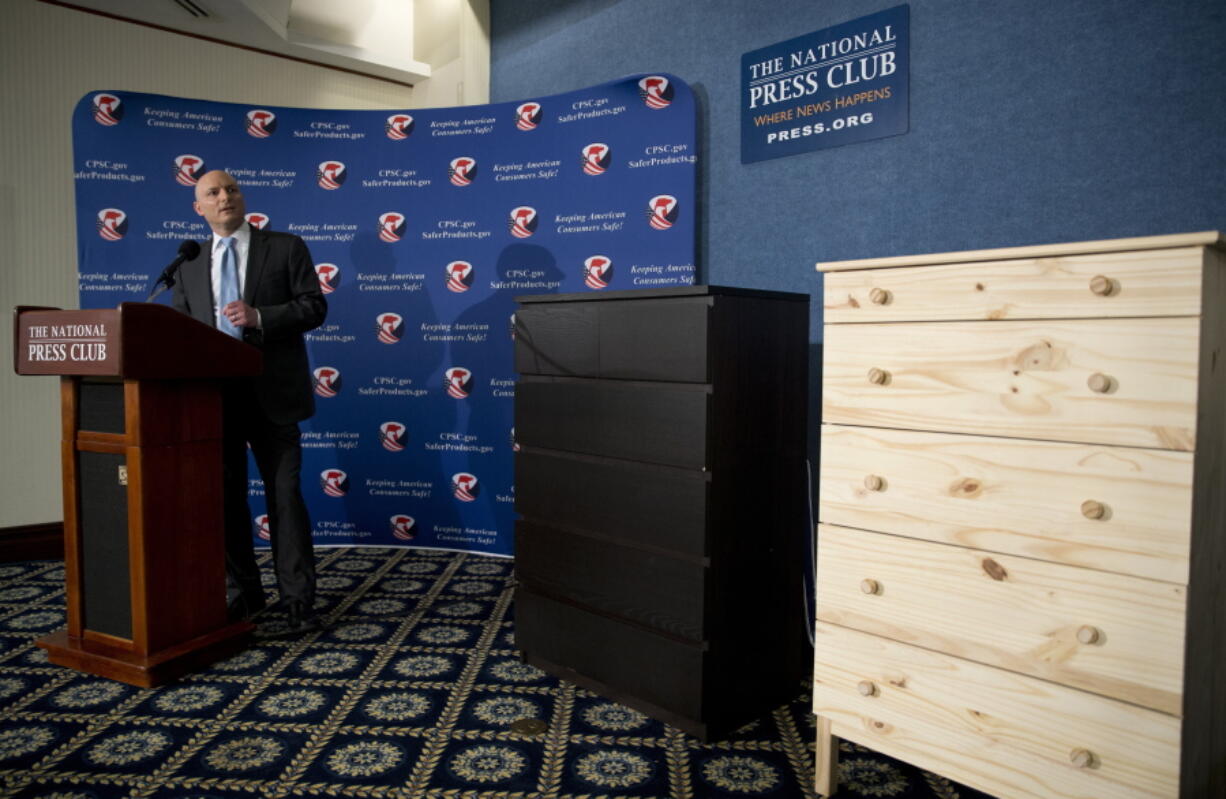 With two Ikea dressers displayed at right Consumer Product Safety Commission Chairman Elliot Kaye speaks during a news conference at the National Press Club in Washington in 2016.