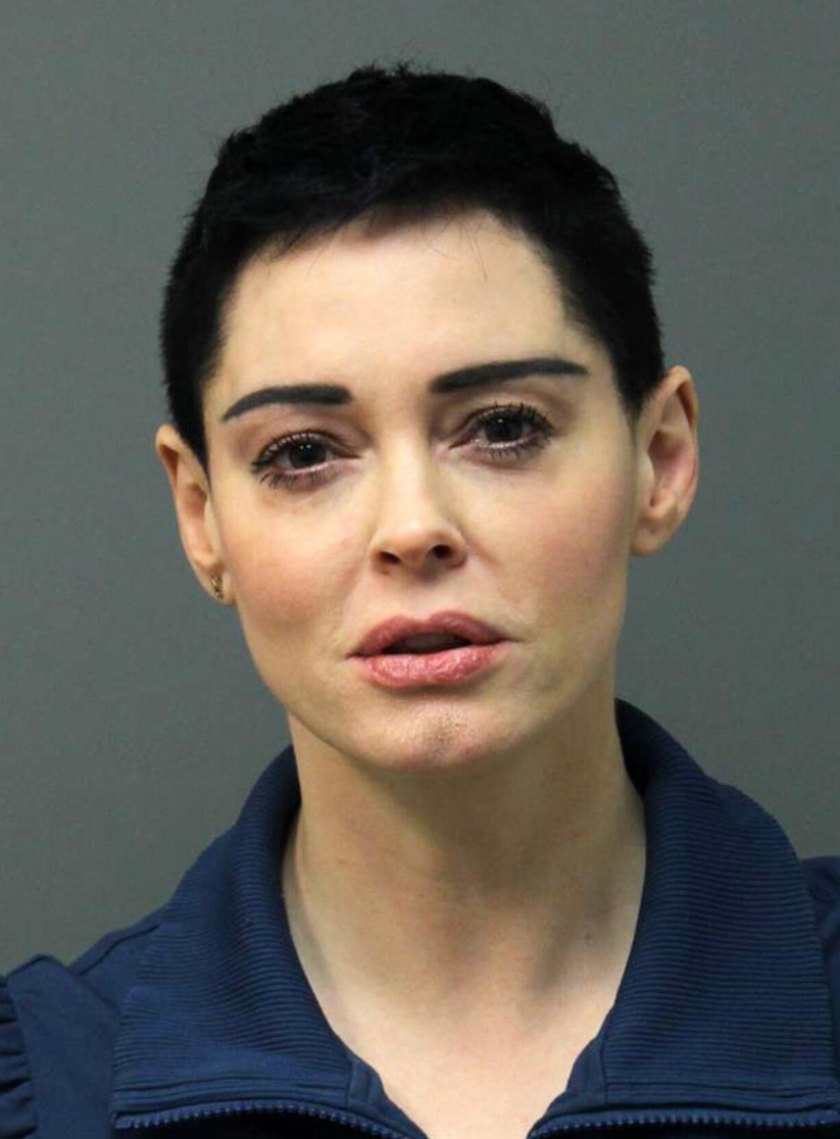 The booking photo for actress Rose McGowan (Loudoun County Sheriff’s Office via AP)