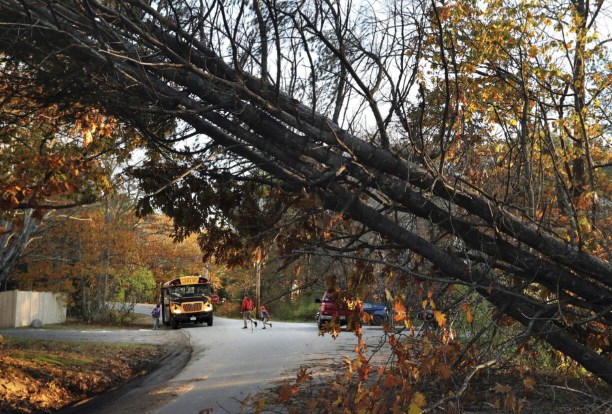 A man walks a child to a school bus at a temporary pick-up location Wednesday in Freeport, Maine, where storm-toppled trees made some roads impassable following Monday’s storm. robert f.