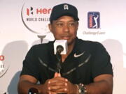 Tiger Woods speaks at a press conference at the Albany Golf Club in Nassau, Bahamas, Tuesday, Nov. 28, 2017. Woods is playing in this weeks Hero World Challenge, his first tournament since fusion surgery on his lower back in April.