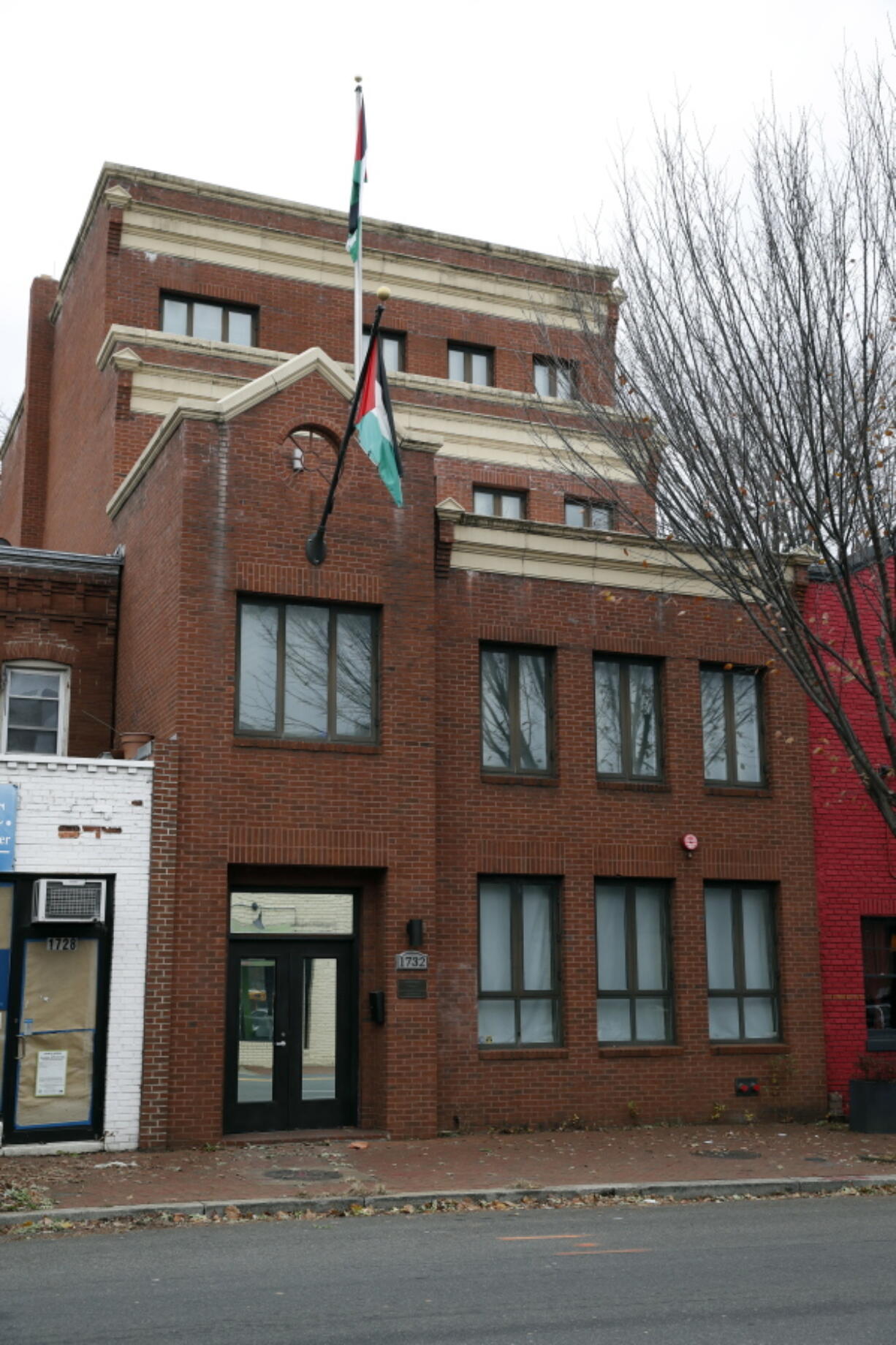 This Saturday, Nov. 18, 2017 photo shows the Washington office of the Palestine Liberation Organization. On Saturday, Palestinians threatened to suspend all communication with the United States if the Trump administration follows through with plans to close their diplomatic office in Washington.