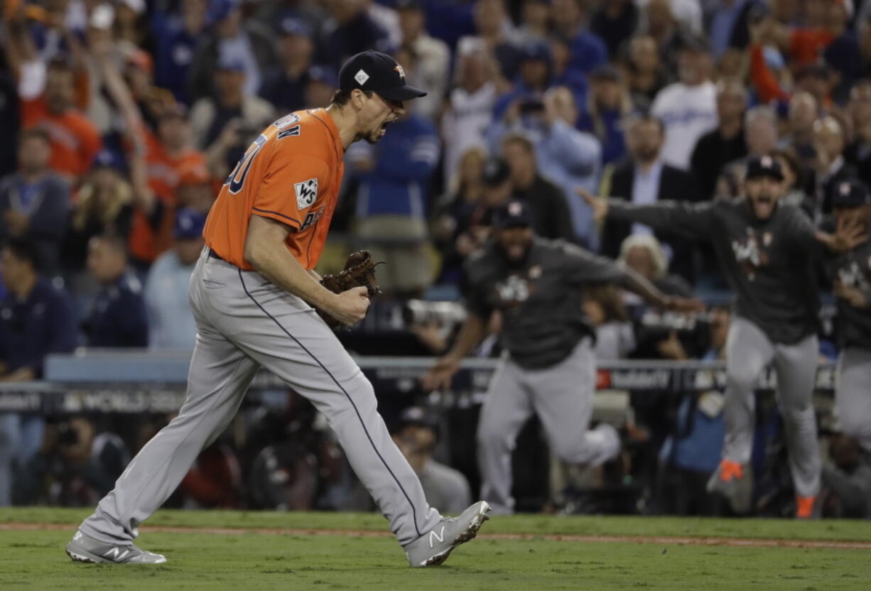 Houston Astros’ Charlie Morton reacts after Game 7 of baseball’s World Series against the Los Angeles Dodgers Wednesday, Nov. 1, 2017, in Los Angeles. The Astros won 5-1 to win the series 4-3.