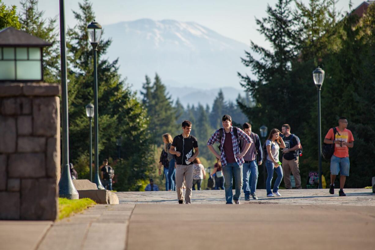 Students walk to class on the campus of Washington State University Vancouver.