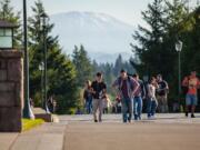 Students walk to class on the campus of Washington State University Vancouver.