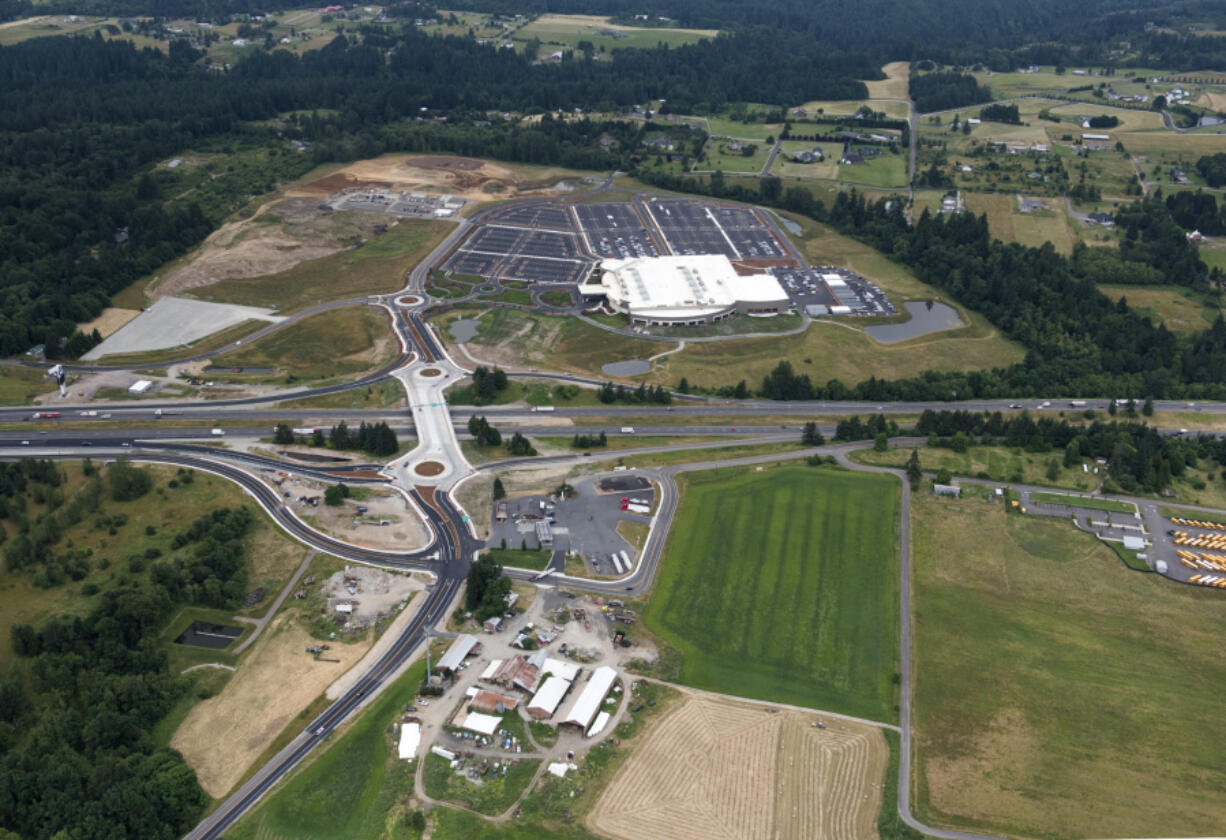 The Ilani Casino Resort, seen in this view looking west, opened earlier this year, putting added pressure on La Center’s already-struggling cardrooms, but across Interstate 5 sit 152 acres of developable land.