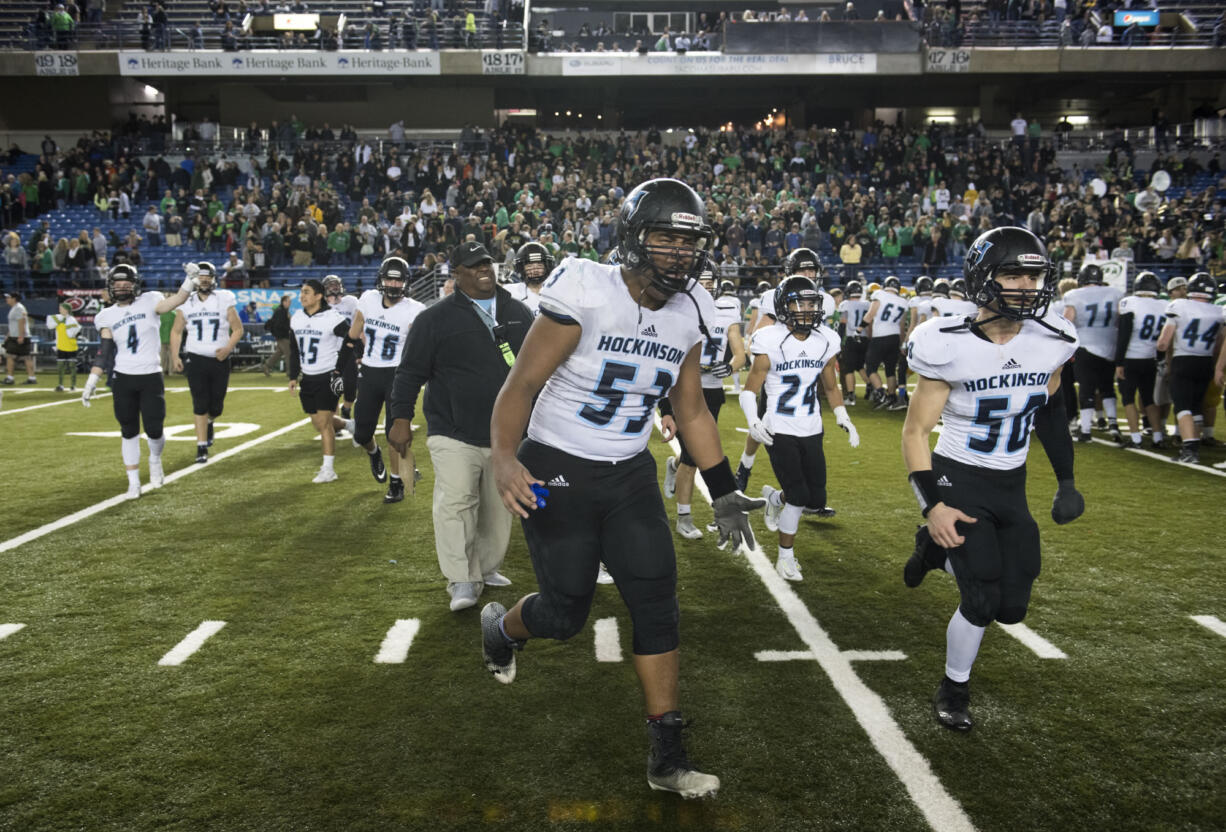 Hockinson celebrates after the 2A state football championship game against Tumwater on Saturday, Dec. 2, 2017, in Tacoma, Wash. Hockinson defeated Tumwater 35-22 to win their first state title.