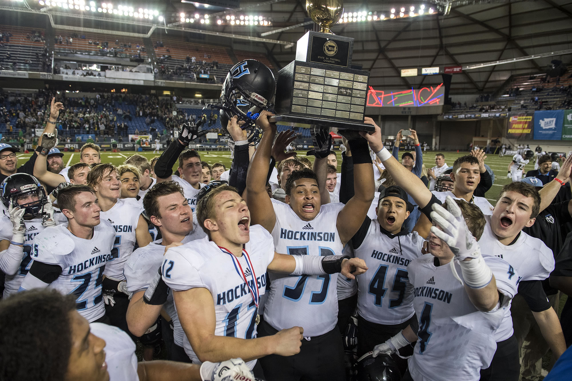 Hockinson celebrates their win against Tumwater after the 2A state football championship game Saturday, Dec. 2, 2017, in Tacoma, Wash.