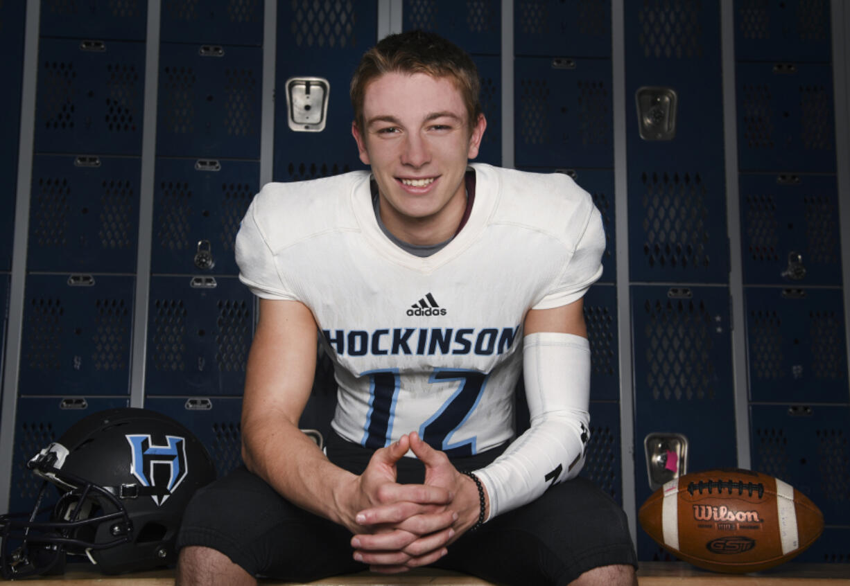 Hockinson quarterback Canon Racanelli, the All-Region football player of the year, is pictured in the locker room at Hockinson High School, Thursday November 30, 2017.