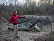 Salmon Creek Watershed Council board chair Maury Harris describes the benefits of the pond at Pleasant Valley Park on Wednesday morning, Dec. 6, 2017. The rearing pond provides a side channel habitat for juvenile salmon as well as a thriving habitat for the insects that the salmon will feed off of. The Lower Columbia Fish Enhancement Group built the habitat in 2011 and the Salmon Creek Watershed Council has taken over managing the habitat to ensure it thrives and continues to assist the native wildlife.