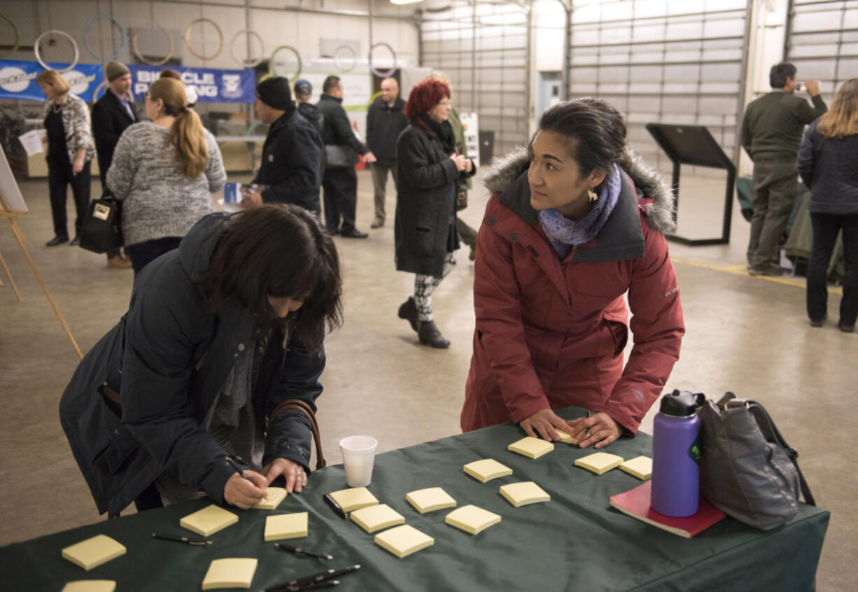 Ke Kukui Foundation resource council members Kapuanani Antonio-Claussen, left, and Kanani Yacapin, both of Portland, jot down ideas of how they would like to use a new cultural center during an open house.