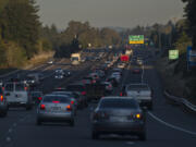 Morning commute traffic backs up as motorists traveling west on state Highway 14 approach the Southeast 164th Avenue exit Oct. 4.