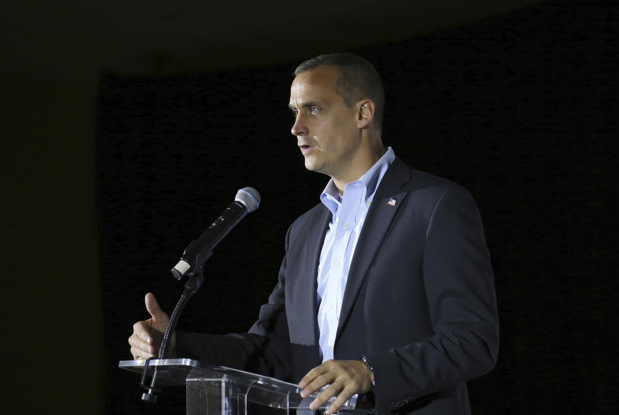 FILE- In this Nov. 9, 2017, file photo, Corey Lewandowski, the former campaign manager for President Donald Trump, speaks during an event in Manchester, N.H. Joy Villa, a singer and potential congressional candidate, says she has filed a sexual assault complaint Lewandowski for hitting her twice on her buttocks during a Washington gathering in November.