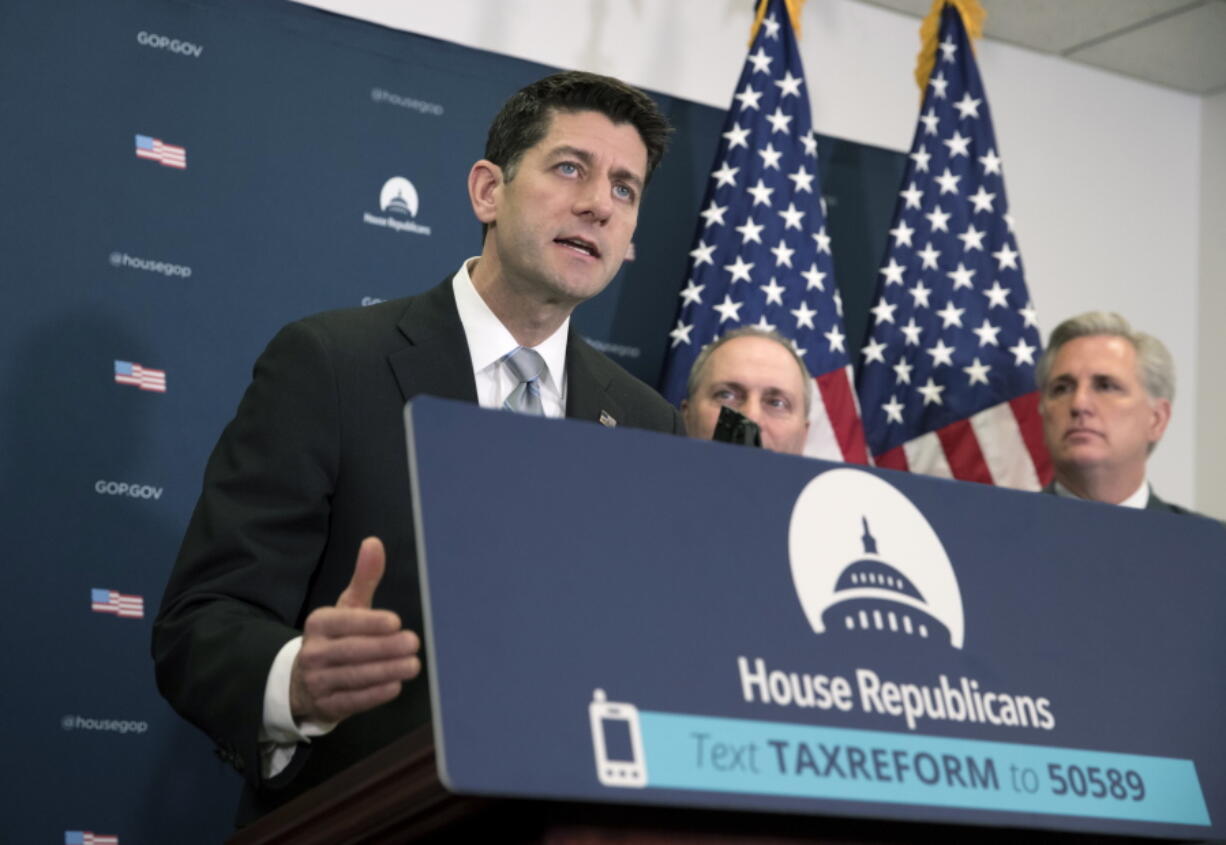 From left, Speaker of the House Paul Ryan, R-Wis., House Majority Whip Steve Scalise, R-La., and Majority Leader Kevin McCarthy, R-Calif., meet with reporters after House Republicans held a closed-door strategy session as the deadline looms to pass a spending bill to fund the government by week’s end, on Capitol Hill in Washington, Tuesday. (AP Photo/J.