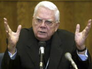 Cardinal Bernard Law, of the Boston archdiocese of the Roman Catholic Church, testifies in 2002 in Suffolk Superior Court in Boston. Law was answering questions about his knowledge and handling of the Father John Geoghan child sex abuse case. Law died Wednesday at 86.