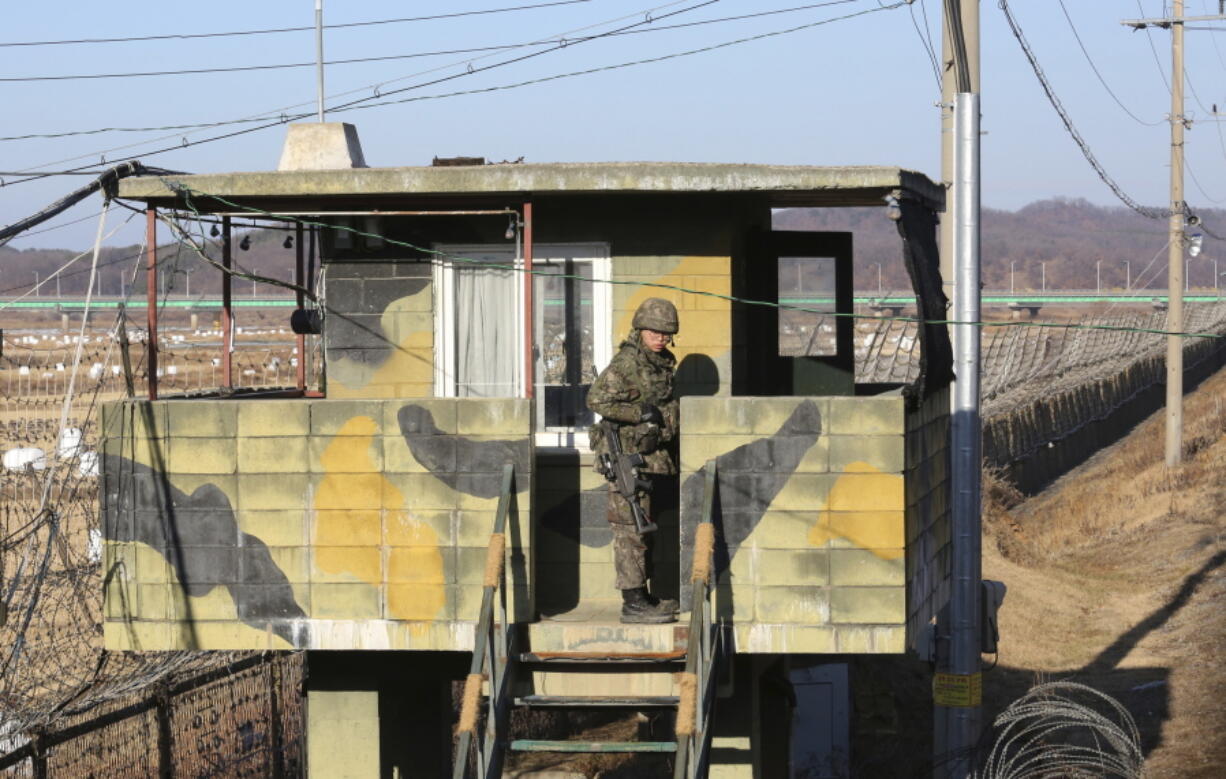 A South Korean army soldier stands guard at a military guard post in Paju, South Korea, near the border with North Korea on Monday. North Korea on Sunday called the latest U.N. sanctions to target the country “an act of war” that violates its sovereignty, and said it is a “pipe dream” for the United States to think it will give up its nuclear weapons.