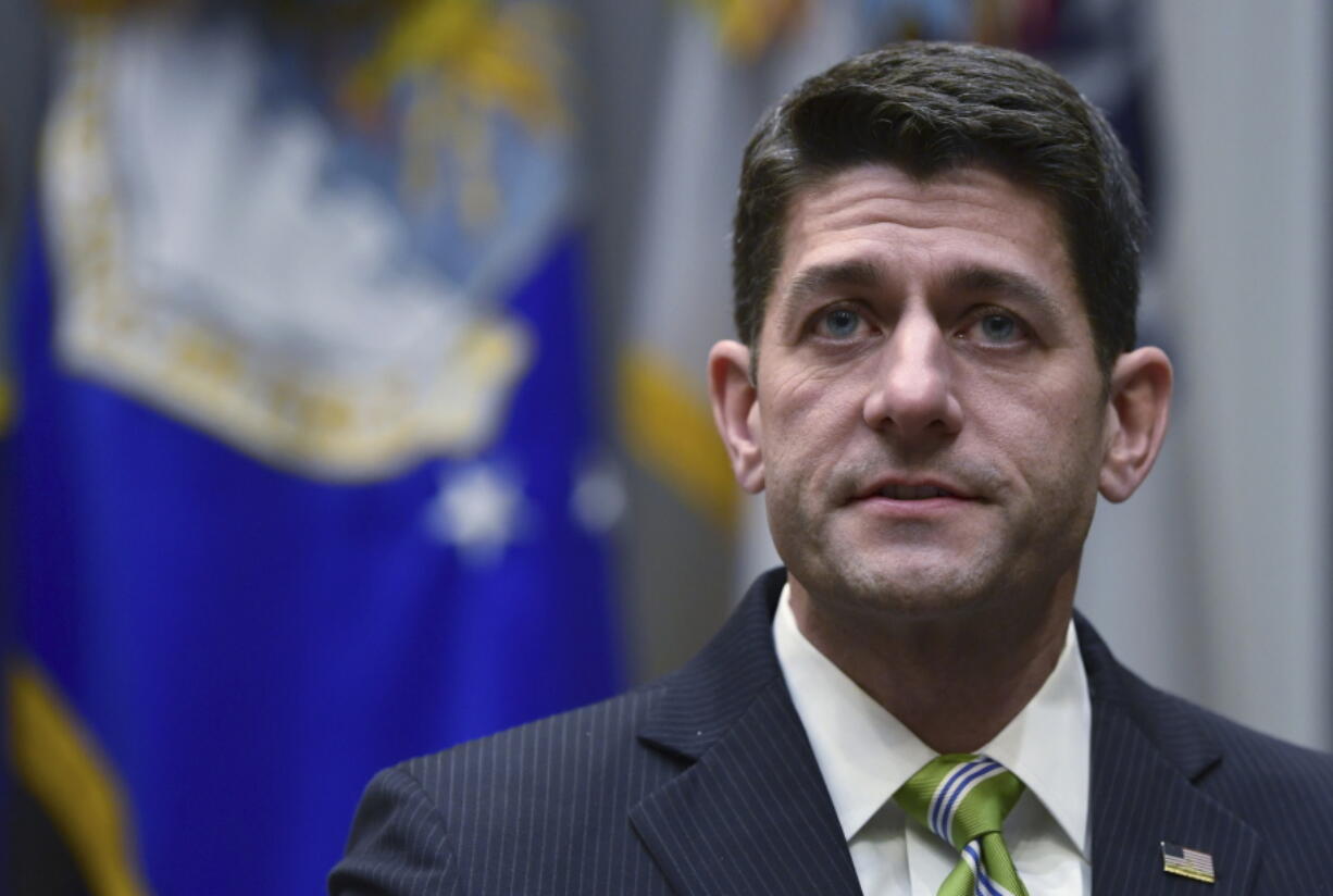 House Speaker Paul Ryan of Wis., speaks during a meeting with President Donald Trump in the Roosevelt Room of the White House in Washington on Tuesday, along with Republican congressional leaders.