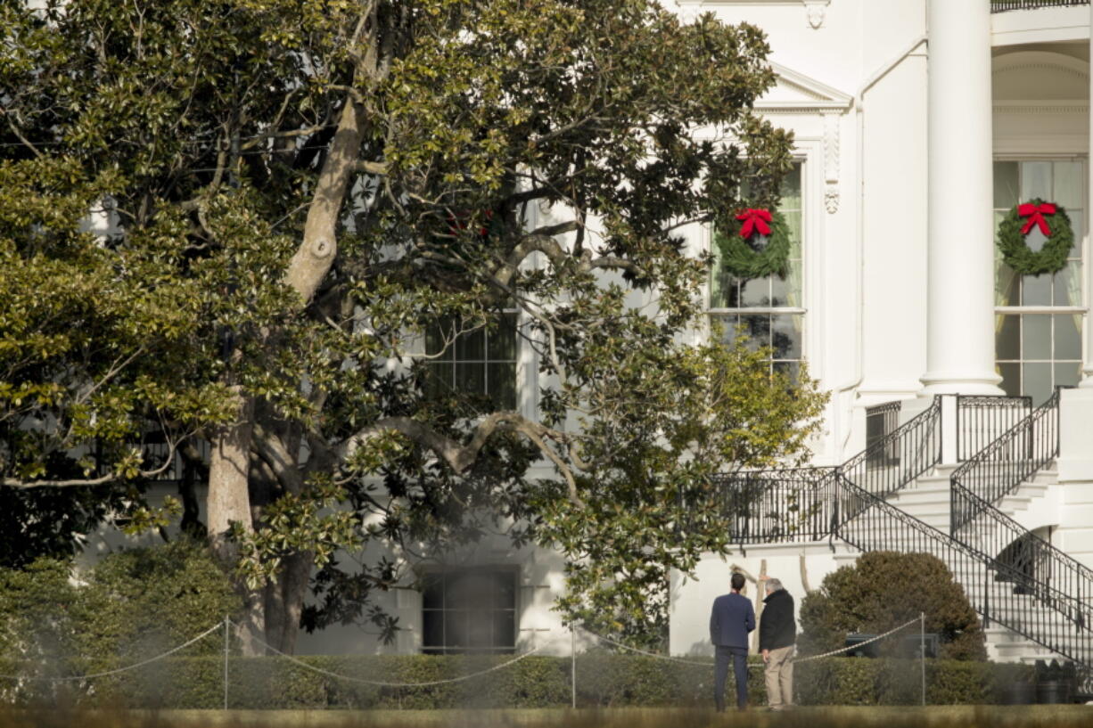 Members of the White House staff inspect the trimming of the famed Magnolia tree, Wednesday, Dec. 27, 2017, planted on the south grounds of the White House in Washington by President Andrew Jackson in 1835.