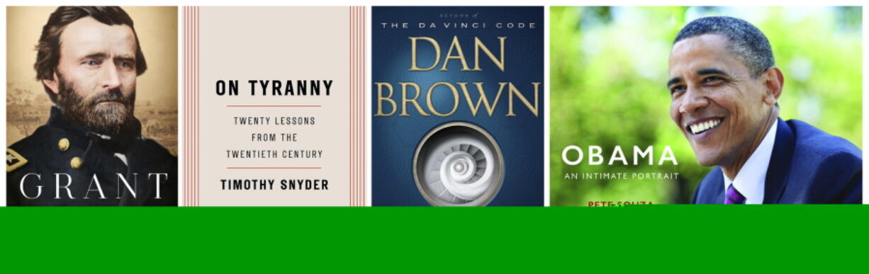 This combination photo shows popular books released in 2017, from left, “Grant,” a biography by Ron Chernow, released by Penguin Press; “On Tyranny: Twenty Lessons From the Twentieth Century,” by Timothy Snyder, released by Tim Duggan Books; “Origin,” a novel by Dan Brown, released by Doubleday; and “Obama: An Intimate Portrait,” by Pete Souza, released by Little, Brown and Company.