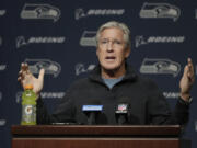 Seattle Seahawks NFL football head coach Pete Carroll talks to reporters, Tuesday, Jan. 2, 2018, during his end-of-season press conference, in Renton, Wash. (AP Photo/Ted S.