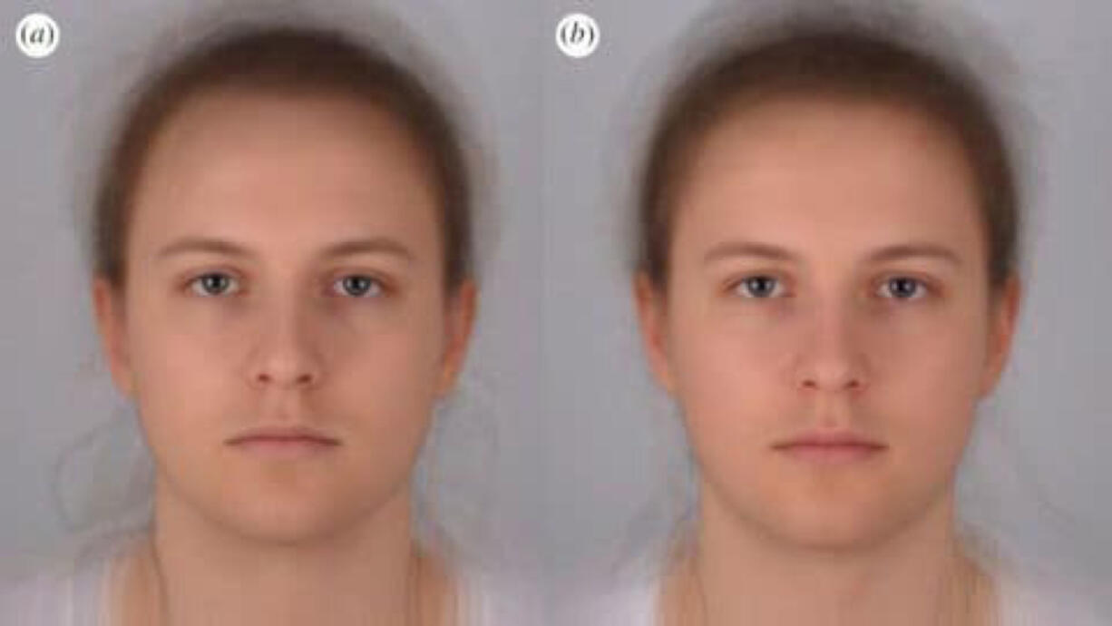 Scientists combined 16 photo portraits into one composite image. On the left, the composite “sick” face, and on the right, the composite healthy one. Audrey Henderson/St.