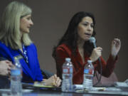 Rep Vicki Kraft listens as Rep Monica Stonier, right, answers questions as teachers, parents and public school supporters rally at a 2017 town hall with legislators at Roosevelt Elementary in Vancouver. Stonier has been elected to be serve as House deputy majority whip.