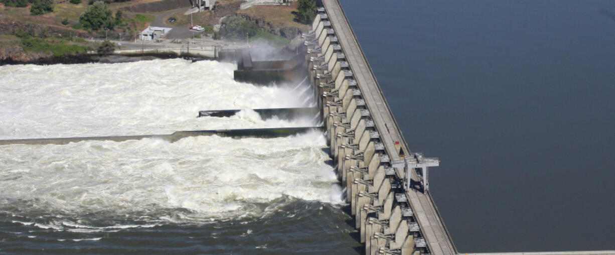 Water flows through The Dalles Dam on the Columbia River, in The Dalles, Ore. A federal judge recently ruled that The Army Corps of Engineers must provide additional spill at eight federal dams along the Columbia and Snake Rivers this spring. The spill will aid out-migrating juvenile spring Chinook headed to the ocean. An appeal is pending.