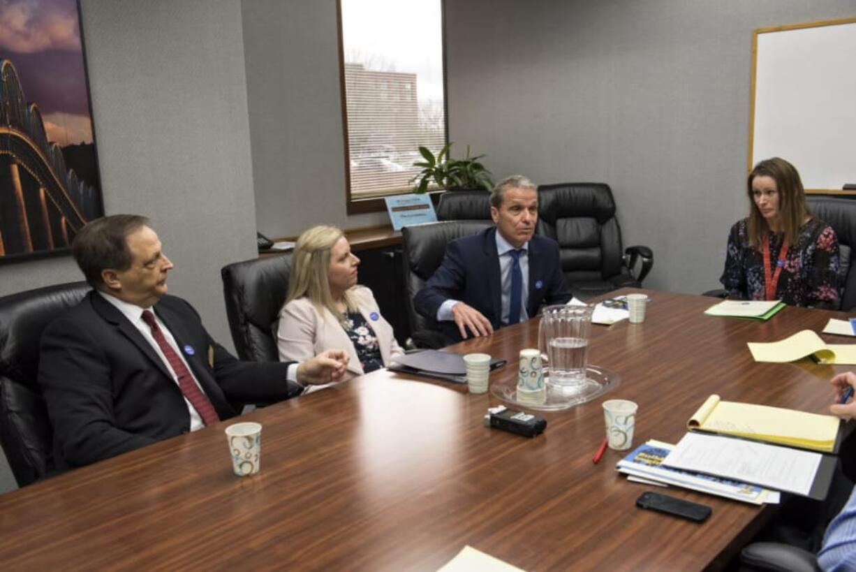 Battle Ground Public Schools Superintendent Mark Ross, from left, director of school finance Meagan Hayden, Deputy Superintendent Denny Waters and communications manager Rita Sanders meet with The Columbian Editorial Board on Thursday.