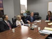 Battle Ground Public Schools Superintendent Mark Ross, from left, director of school finance Meagan Hayden, Deputy Superintendent Denny Waters and communications manager Rita Sanders meet with The Columbian Editorial Board on Thursday.