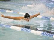 Evergreen sophomore Ilia Zablotoviskii swims the 200-yard individual medley during a meet at Propstra Aquatic Center on Thursday afternoon, Jan. 18, 2018.