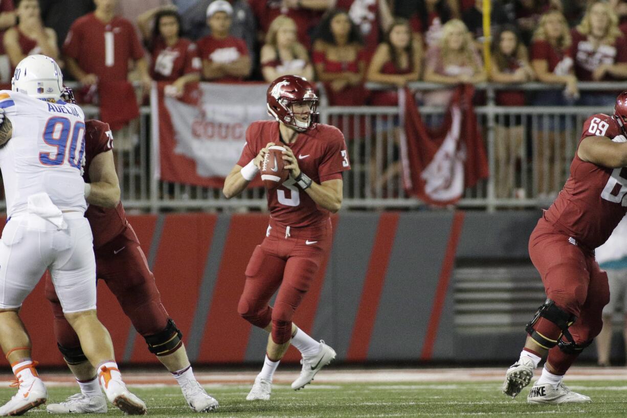 Washington State quarterback Tyler Hilinski (3) looks to pass during the second half of an NCAA college football game against Boise State in Pullman, Wash., Saturday, Sept. 9, 2017.