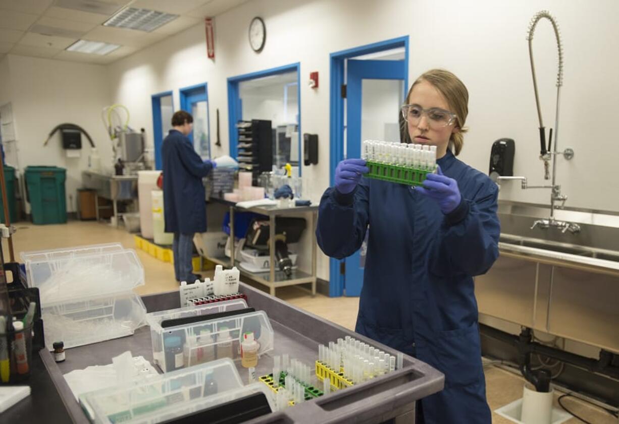 Lab technologist Rebecca Consbruck analyzes urine samples while working with colleagues at Molecular Testing Labs on Monday afternoon. Like many life sciences companies in Clark County, the east Vancouver company expects to grow in 2018.