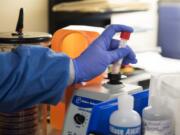 Lab assistant Melissa Cornelison tests nasal swabs for influenza recently at PeaceHealth Southwest’s Inpatient Laboratory in Vancouver. The hospital is seeing an influx in patients with the flu.