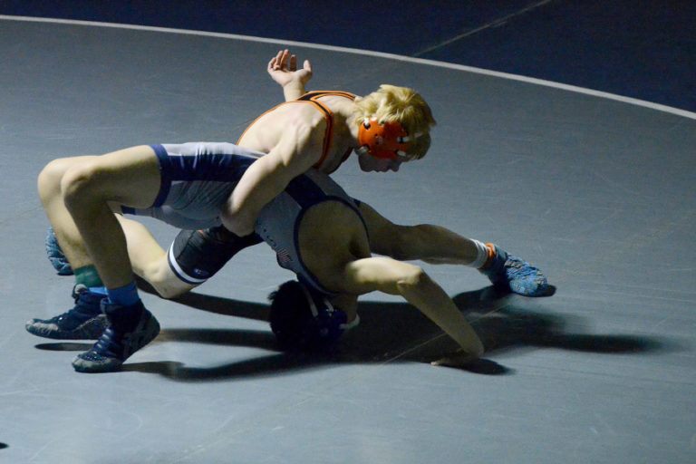 Washougal’s Scott Lees takes over during a match against Skyview’s Logan Smith during the 47th Clark County Wrestling Championship at Skyview High School on Saturday, January 13, 2018. Smith beat Lees to win the 132-pound weight class.