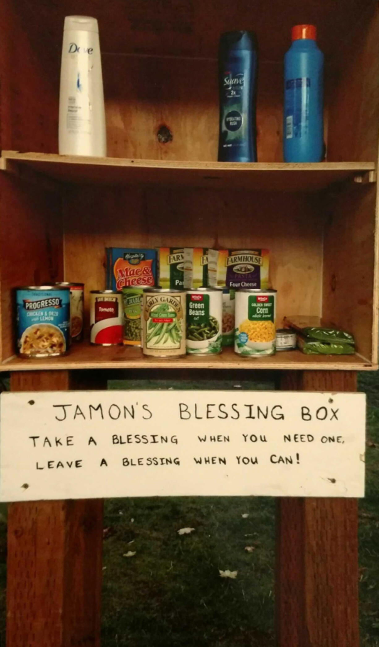 East Vancouver: Shahala Middle School sixth-grader Jamon Bowers’ “blessing box,” which he built and stocked as part of a service project for his leadership class. He placed the box outside of his family’s house.