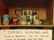 East Vancouver: Shahala Middle School sixth-grader Jamon Bowers’ “blessing box,” which he built and stocked as part of a service project for his leadership class. He placed the box outside of his family’s house.