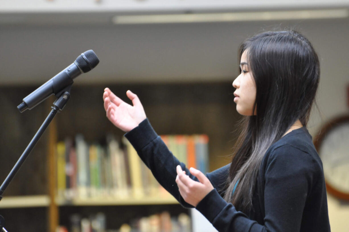 Battle Ground: Battle Ground High School senior Laney Pham was one of two winners at the school’s eighth annual Poetry Out Loud competition, along with sophomore Sandra Fachiol. Last year, Pham made it to the state competition.