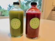 Two of the juices you can enjoy as part of Be Well Juice Bar’s cleanse packages include the Vancouver FARMacy juice (kale, celery, ginger, lemon, cucumber and apple) and an ABC juice (apple, beet, carrot, lemon and ginger).